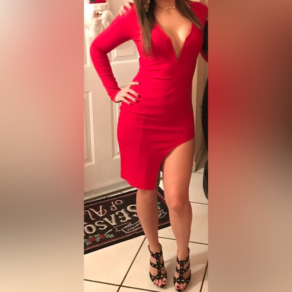 Red V-Cut, long sleeve, leg slit dress